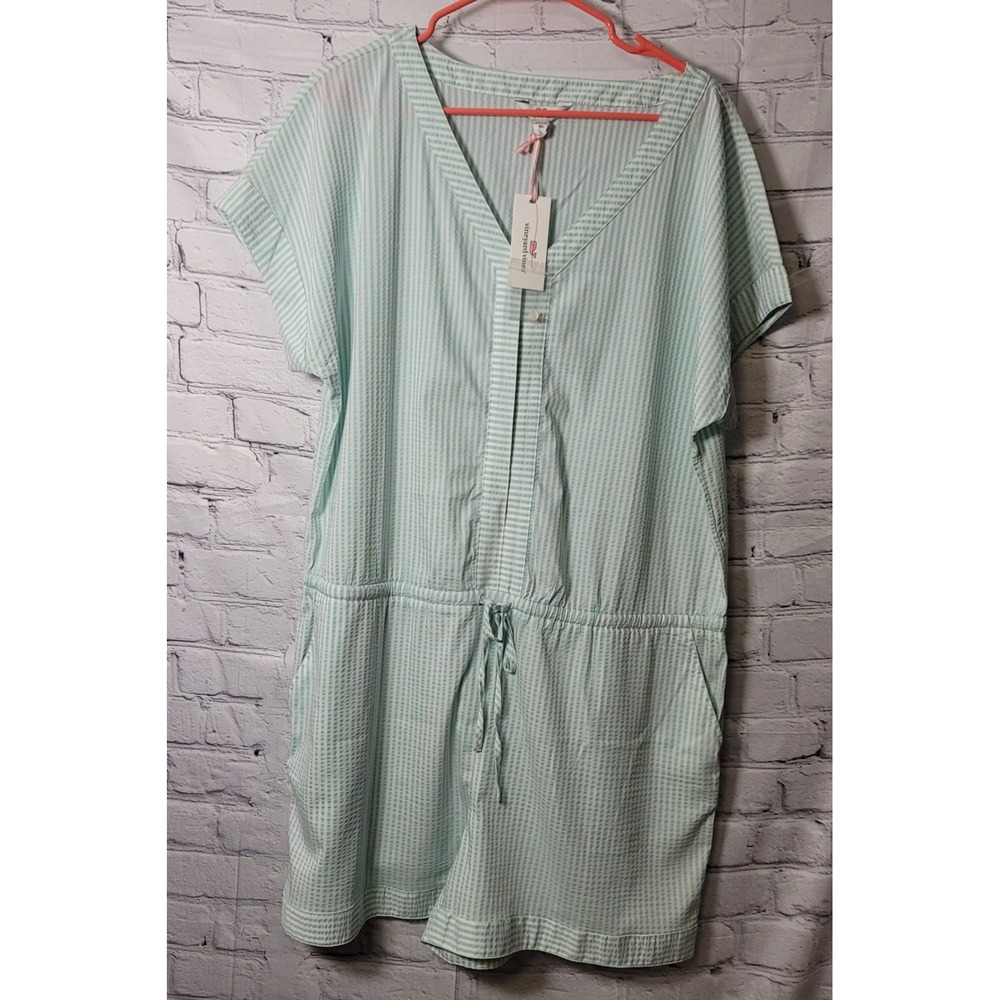 Vineyard Vines Seersucker Romper XL Aqua Haze White Stripe Coverup 2C001091-3340